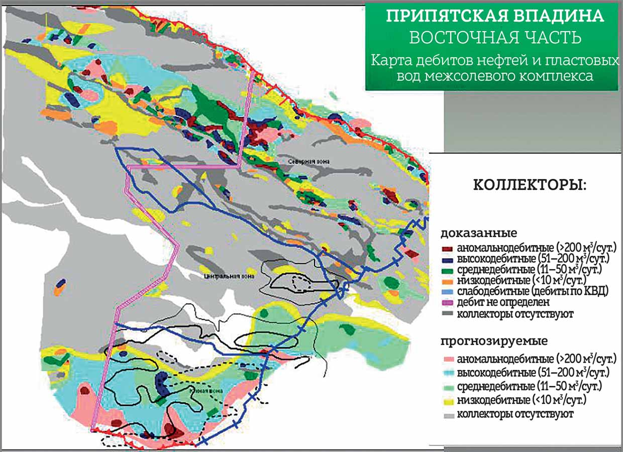 Карте дебитов нефти и платовых вод межсолевого комплекса восточной части Припятской впадины 