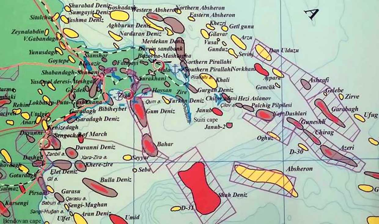 Карта разрабатываемых и перспективных месторождений нефти и газа Каспия